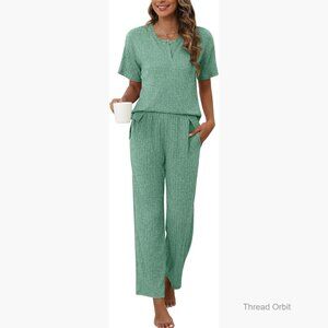Large Ribbed Knit Lounge Set Henley Top Pants Pockets Sleepwear